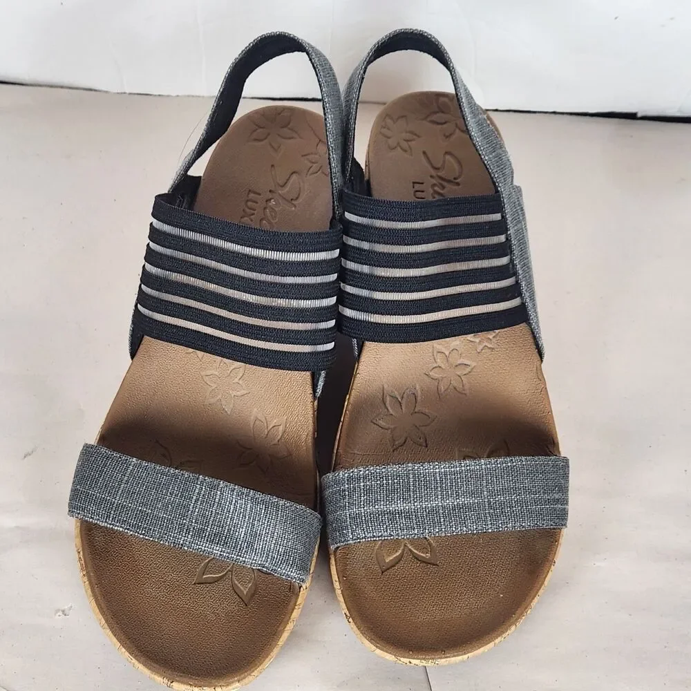 Skechers Luxe‎ Foam Beverly Smitten Taupe Cork Wedge Sandals Womens Size 7
